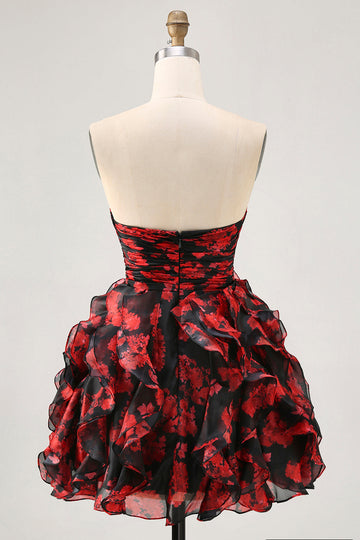 Black Red Strapless Ruffled Printed Cut Out Homecoming Dress